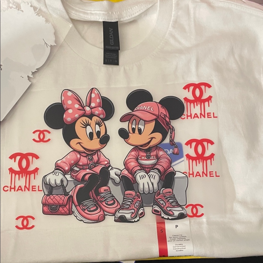 Chanel Kids White Tee with Mickey and Minnie Design